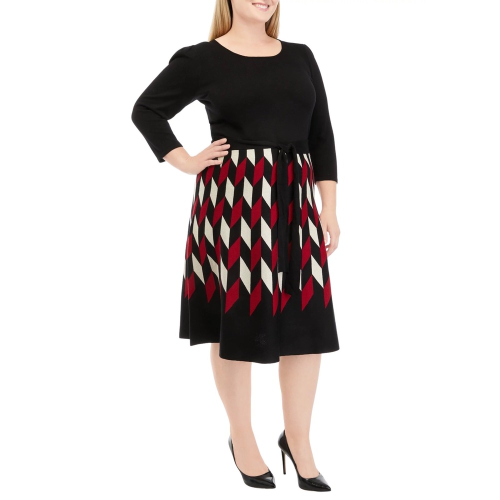 Julian Taylor Plus Size 2X Sweater Dress Black Red Geometric Knit Office 1303